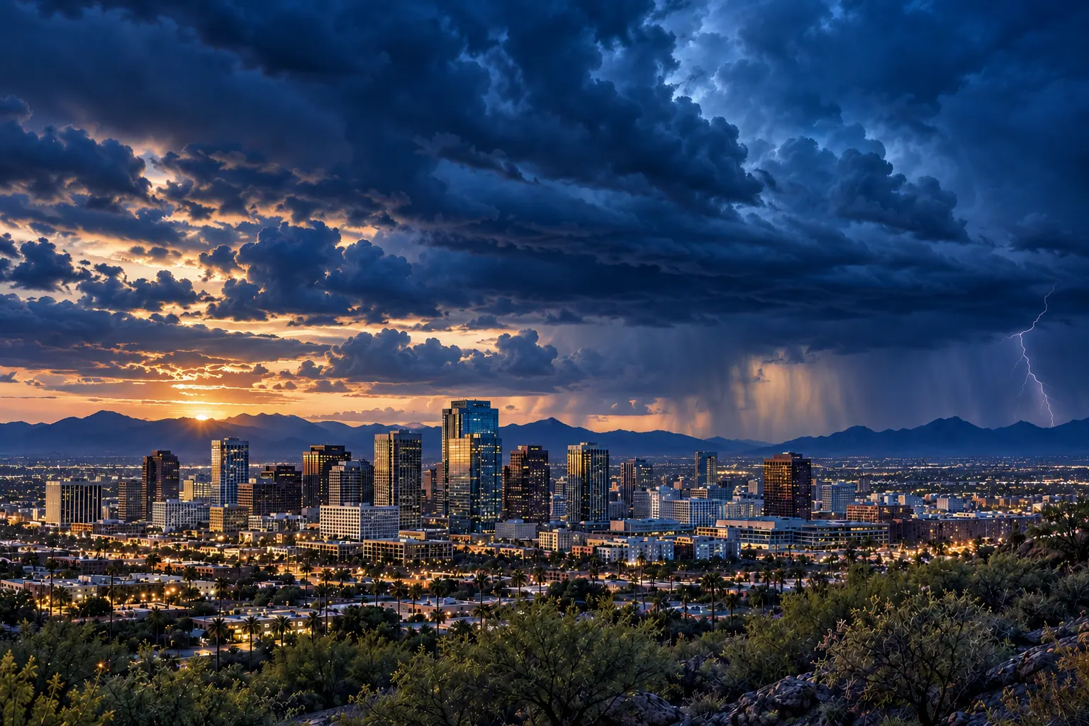 AI-generated Phoenix skyline beneath deep blue monsoon clouds, distant lightning and rain, and a soft gold sunset.